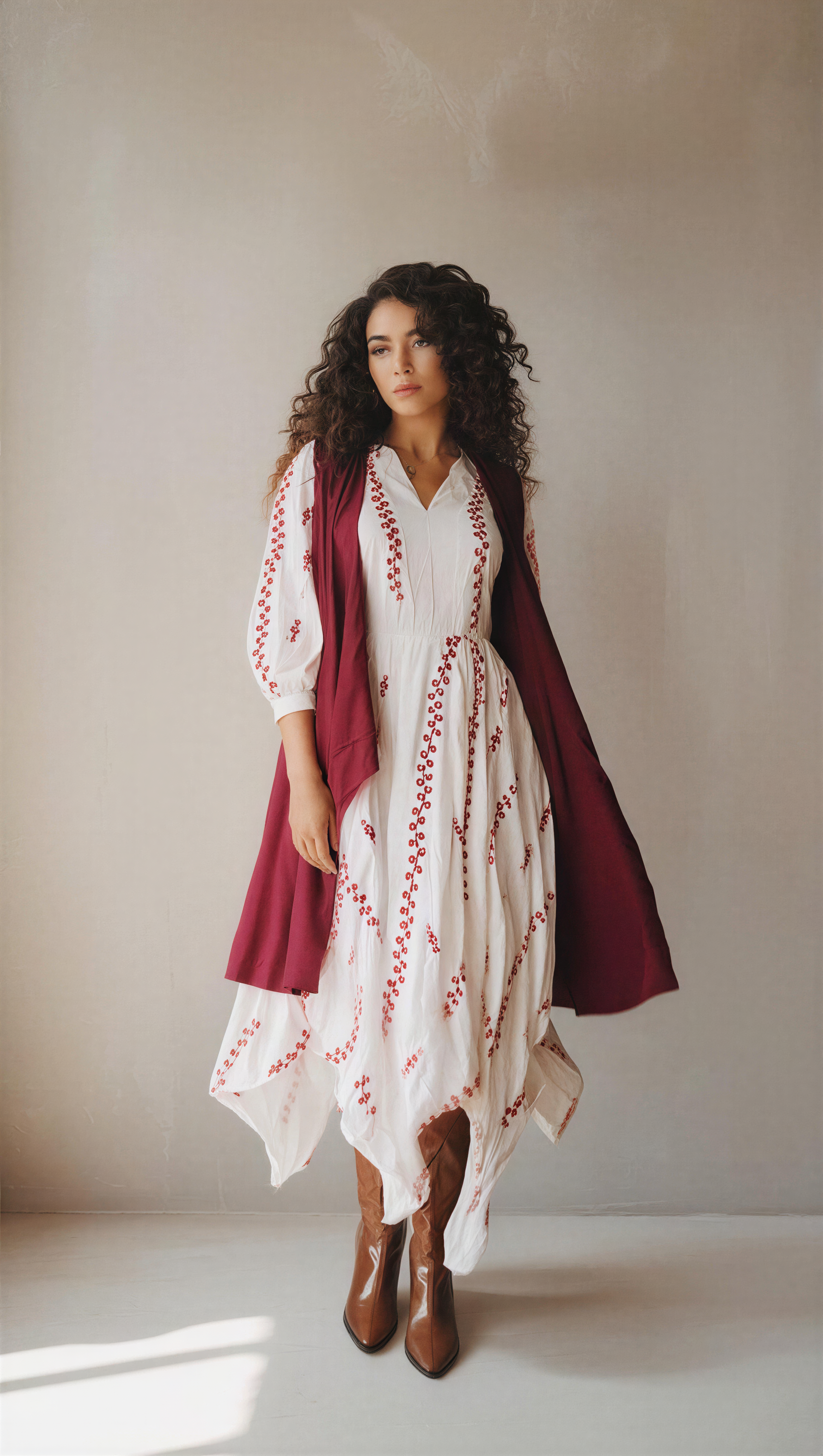 IVORY EMBROIDERED ASYMMETRIC DRESS WITH MAROON JACKET