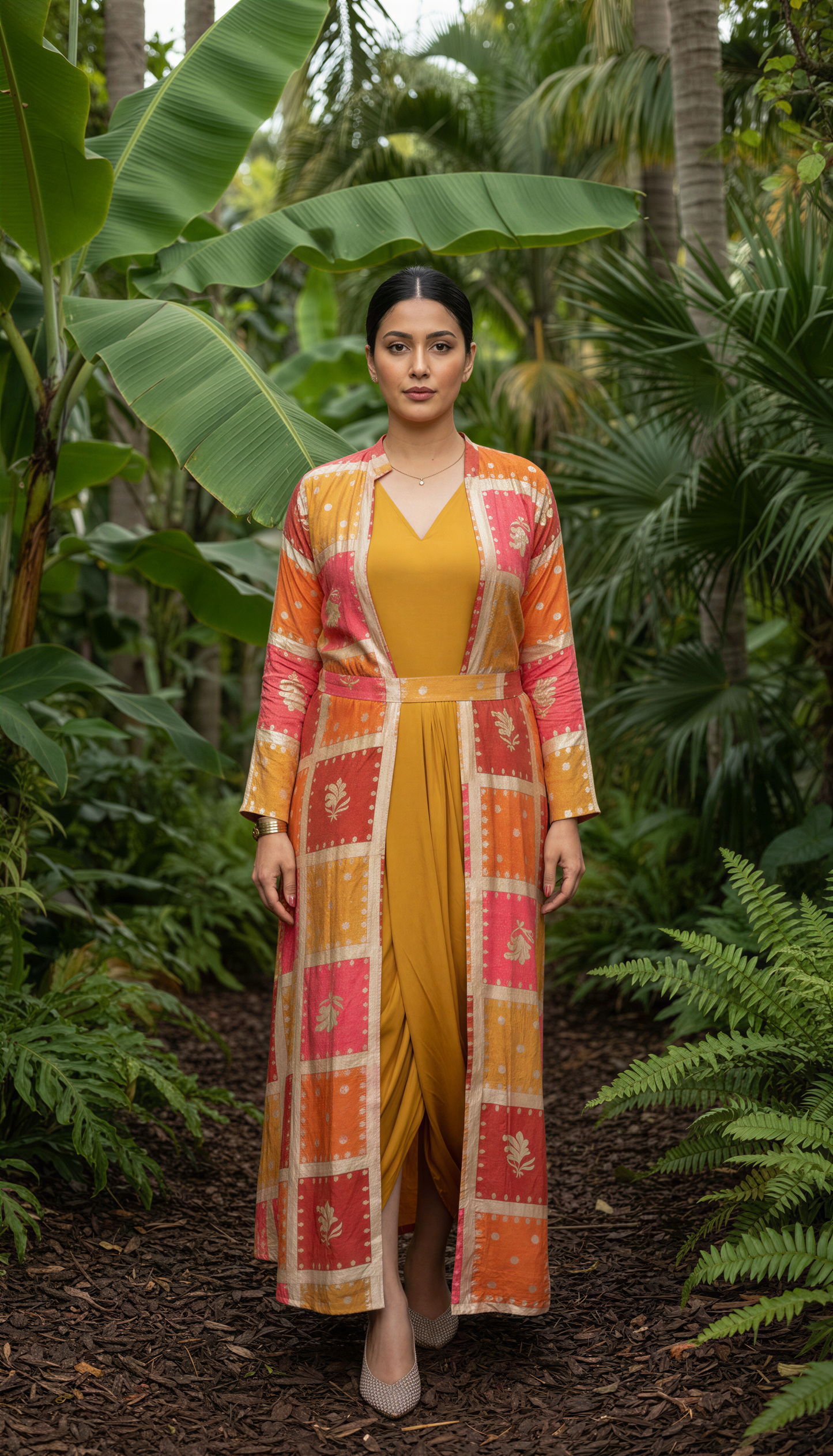 MUSTARD COWL DRESS WITH GOLDEN EMBEDDED JACKET