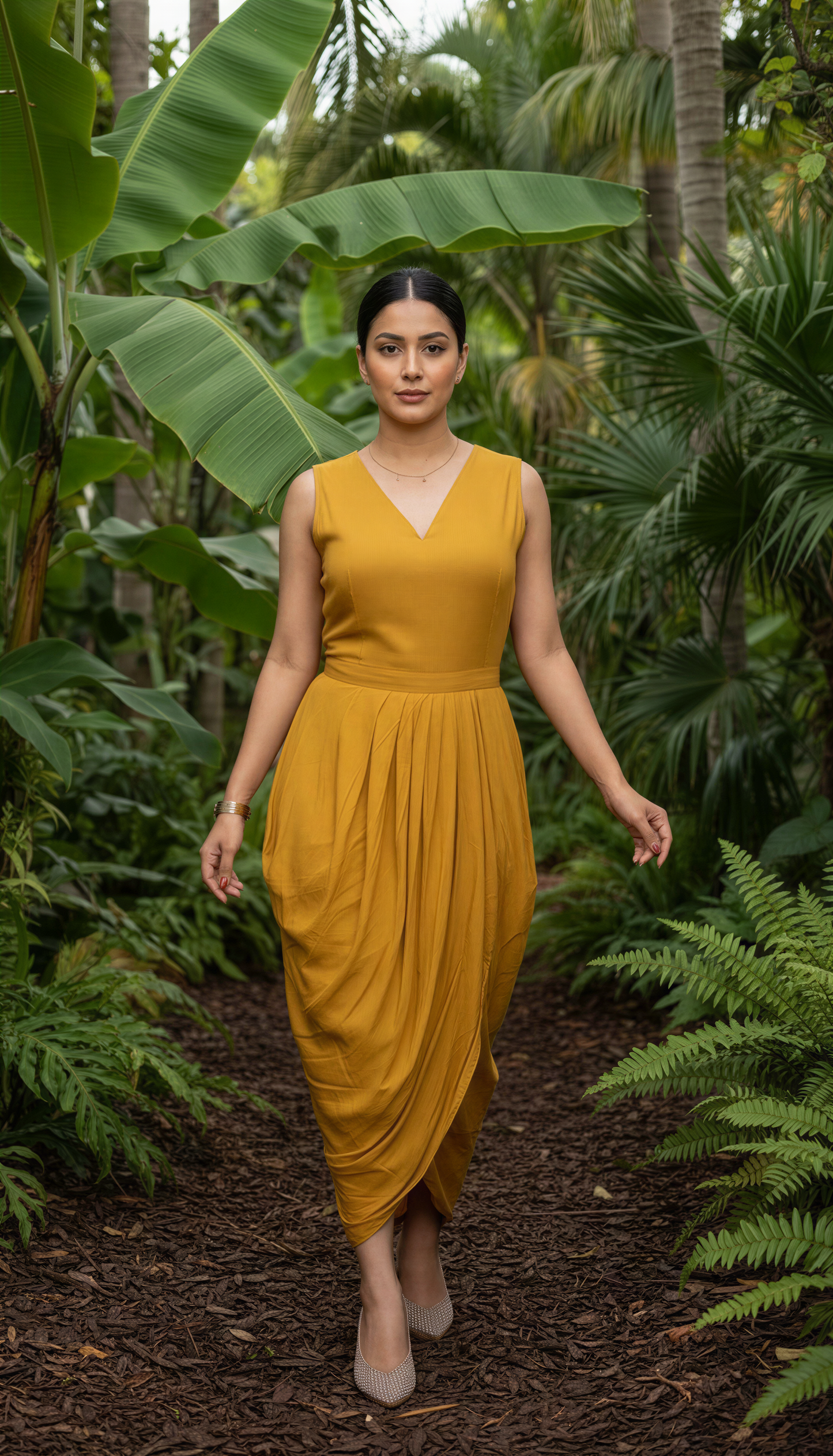 MUSTARD COWL DRESS WITH GOLDEN EMBEDDED JACKET