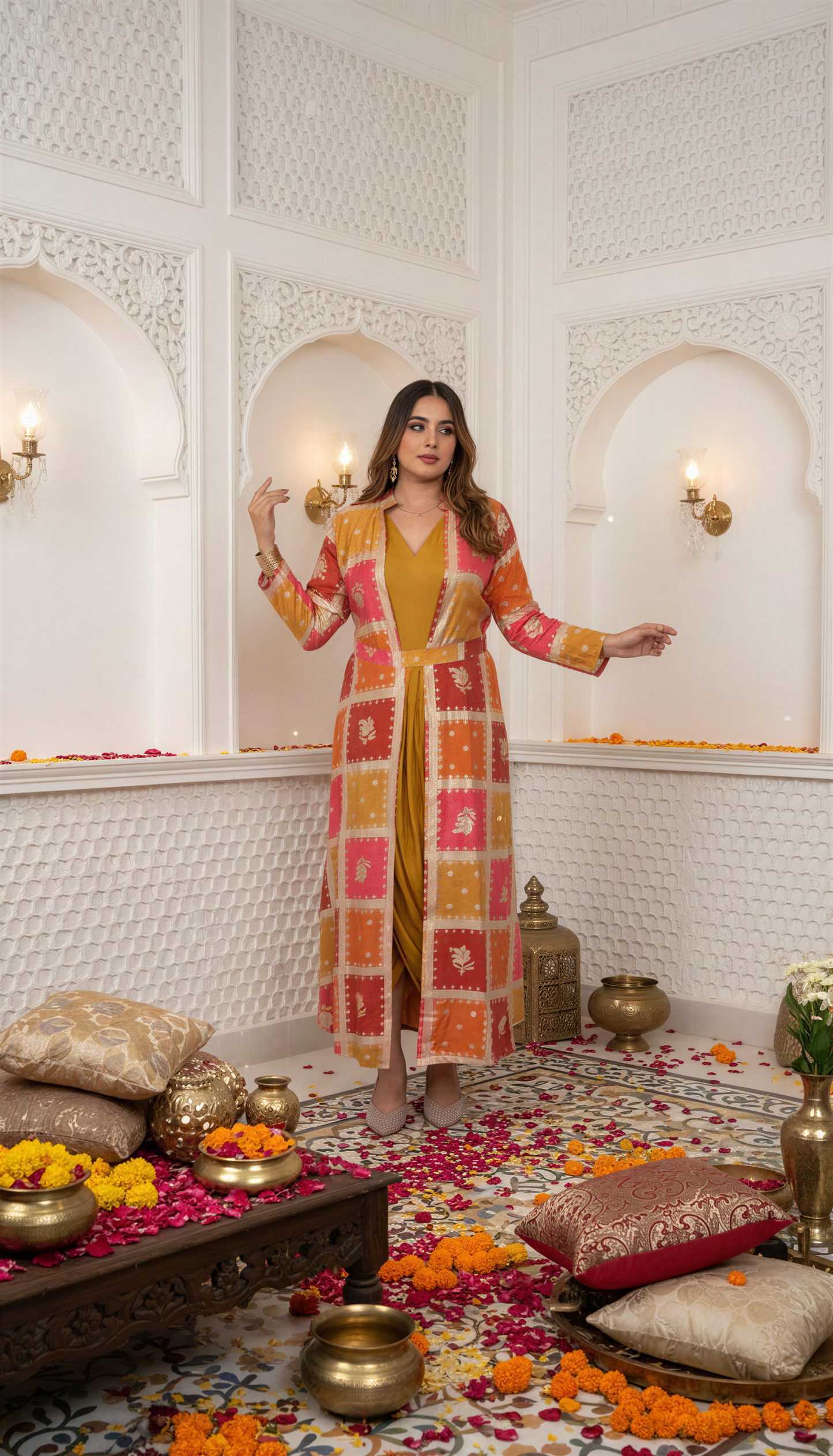 MUSTARD COWL DRESS WITH GOLDEN EMBEDDED JACKET