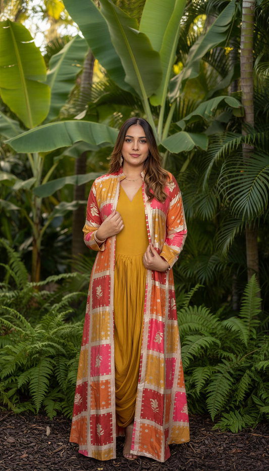 MUSTARD COWL DRESS WITH GOLDEN EMBEDDED JACKET