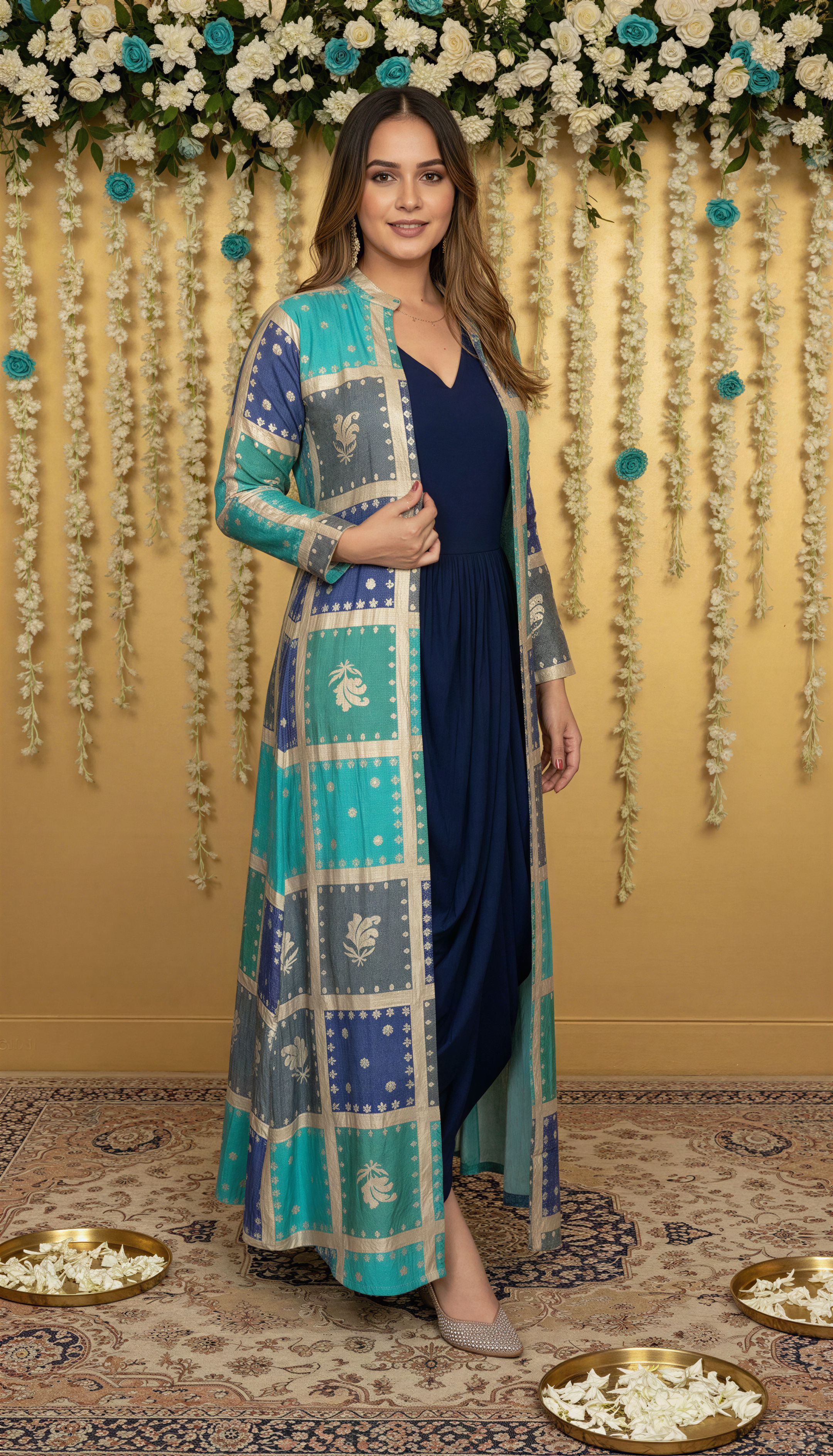 BLUE COWL DRESS WITH GOLD EMBODDED JACKET