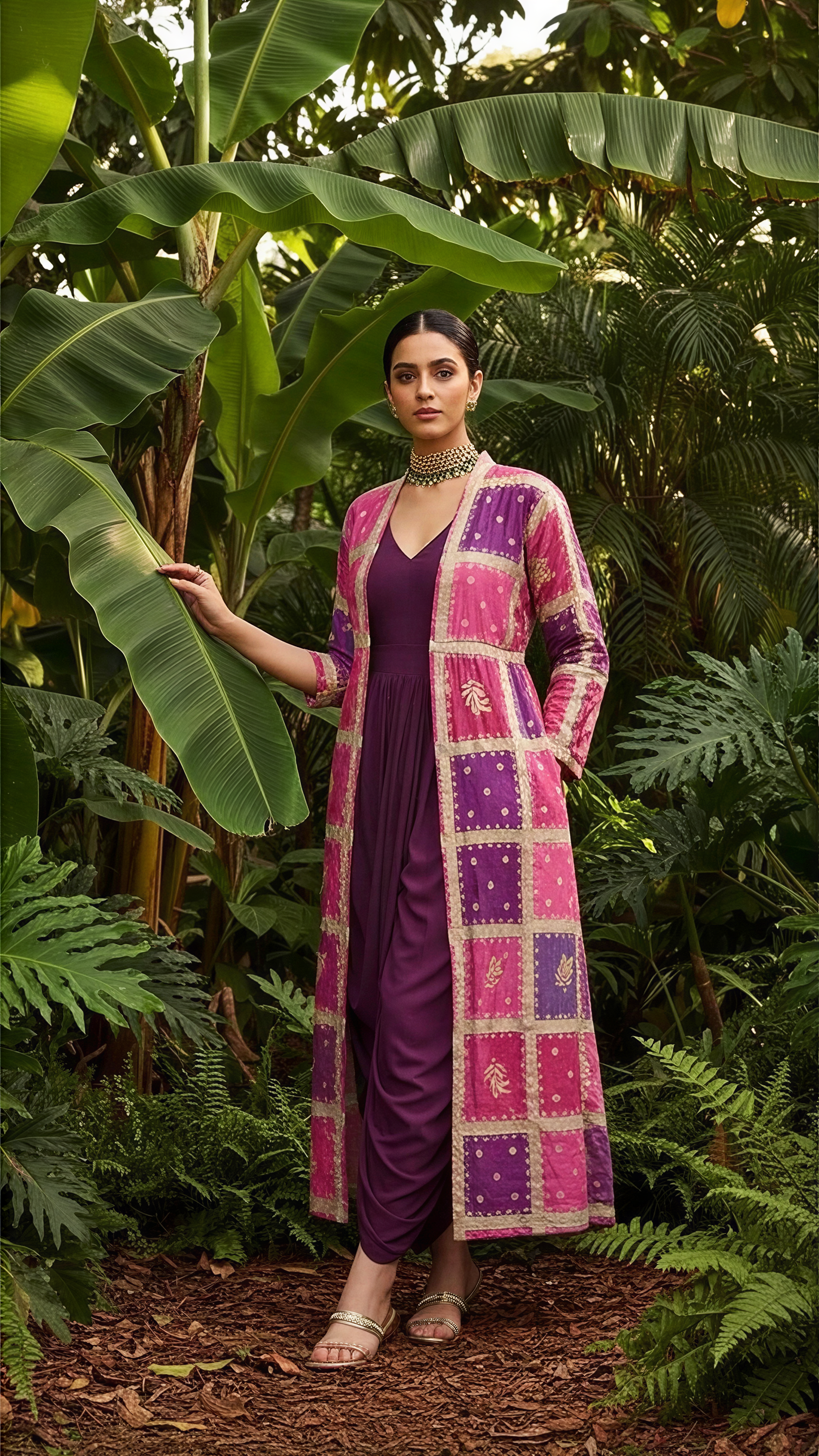 WINE COWL DRESS WITH GOLD EMBODDED JACKET