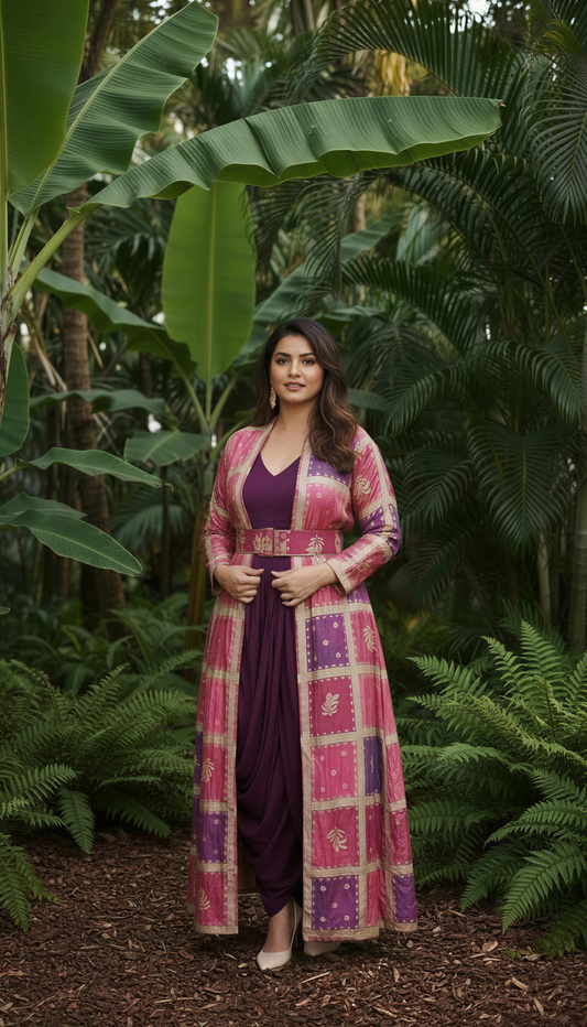 WINE COWL DRESS WITH GOLD EMBODDED JACKET