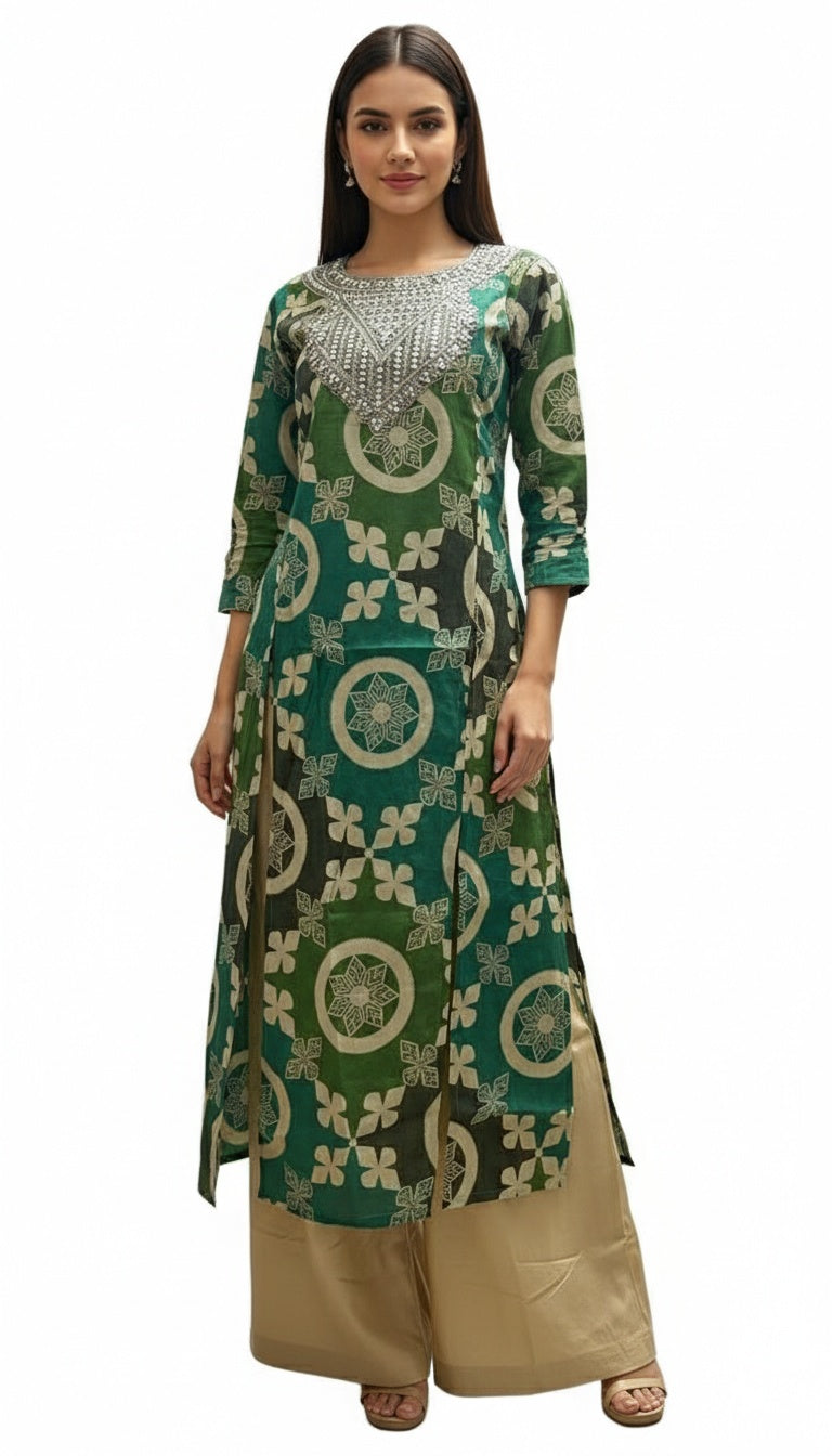 GREEN GOTTA PATTI TOKE WITH AMARA PATCHWORK PRINT KURTA SET