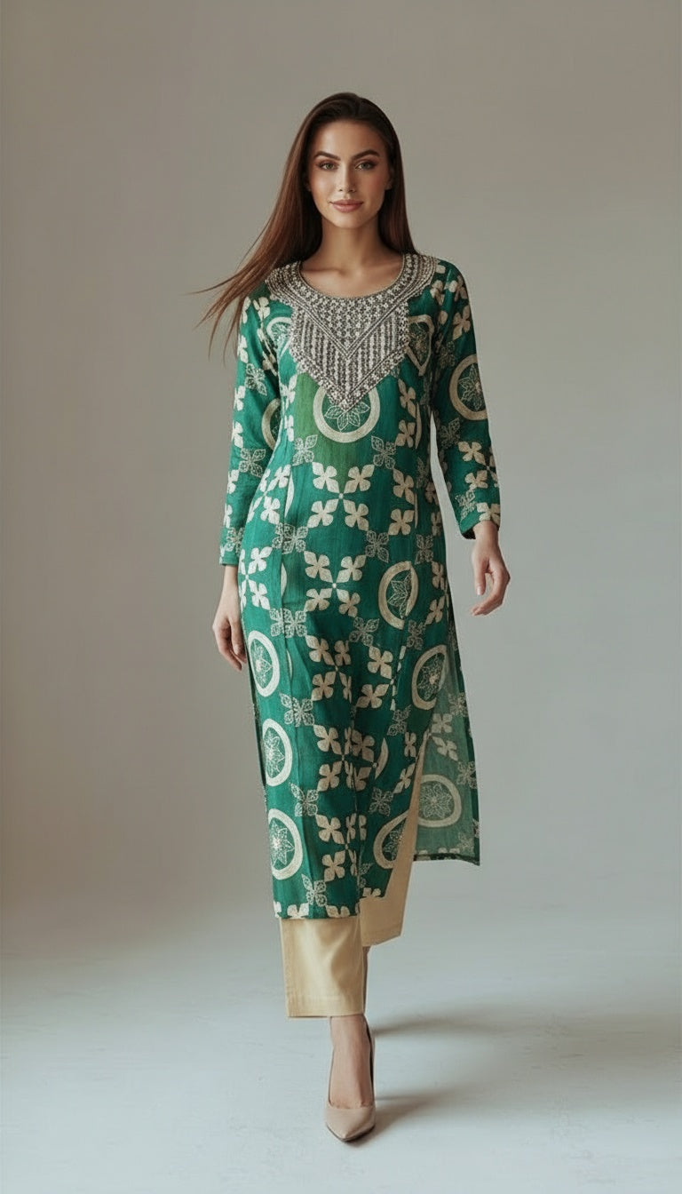 GREEN GOTTA PATTI TOKE WITH AMARA PATCHWORK PRINT KURTA SET