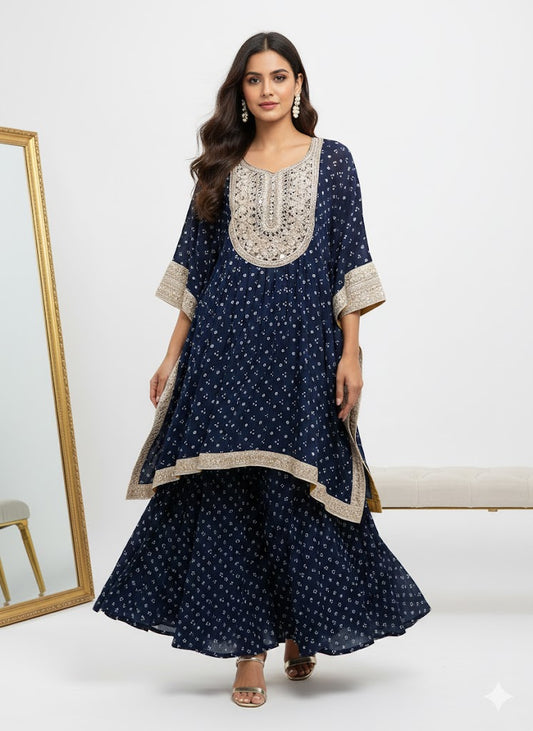 Midnight Noor Kaftan Kurta Set with Flared Skirt Palazzo