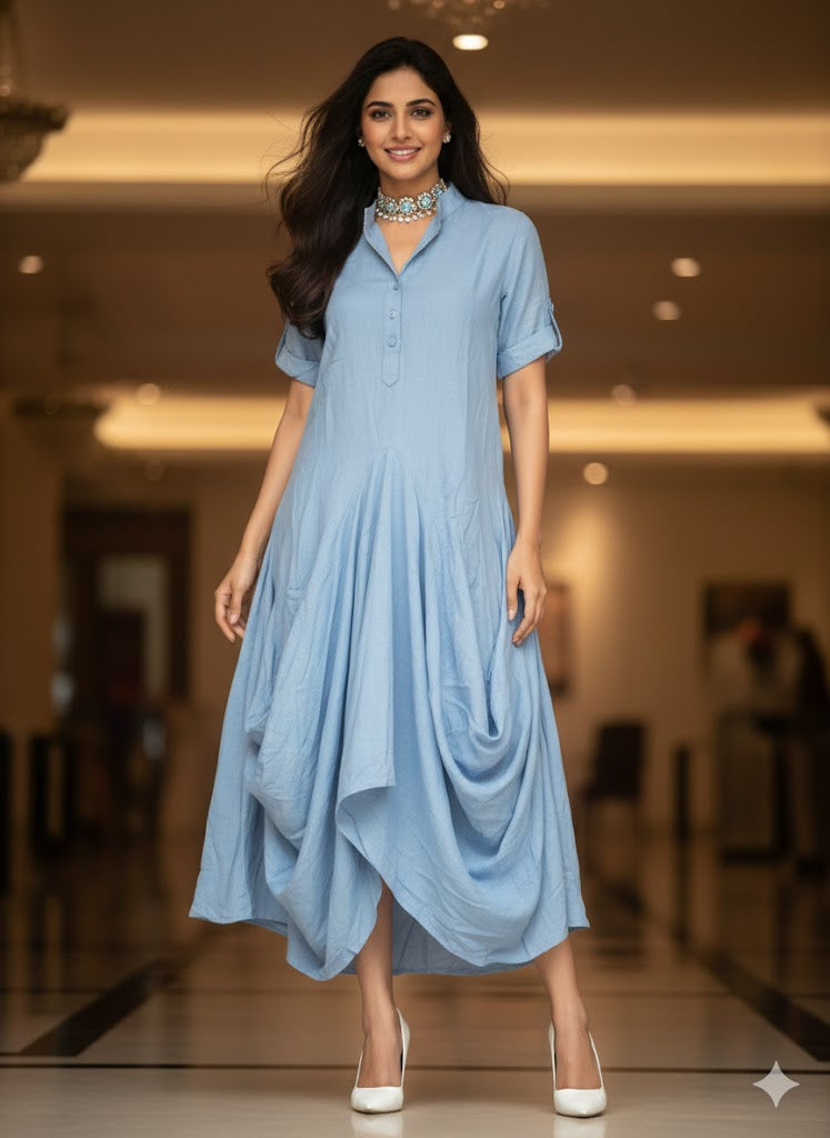 BLUE COWL FLOW MIDI DRESS