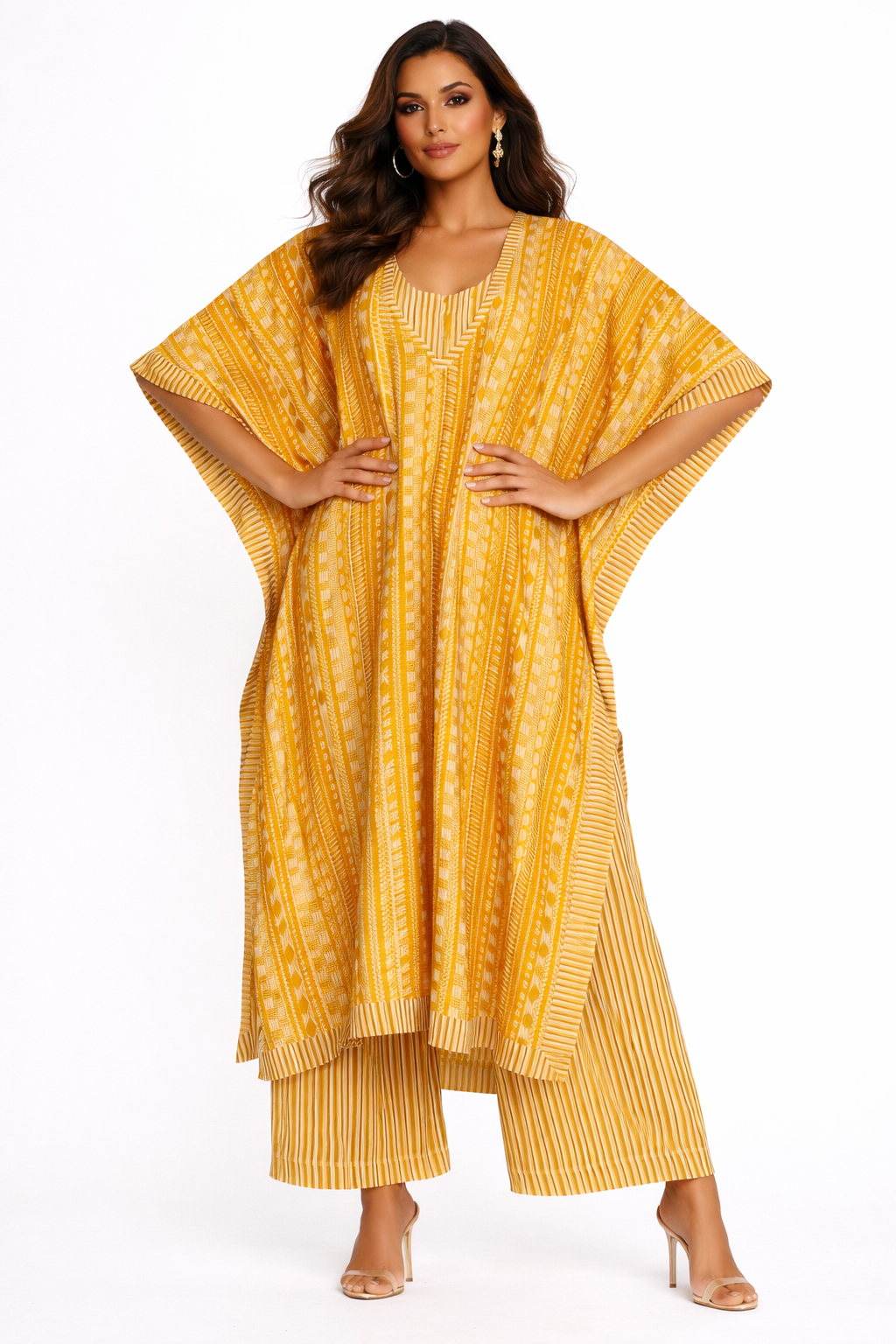 Mustard Long Kaftan Set with Crop Top & Palazzo