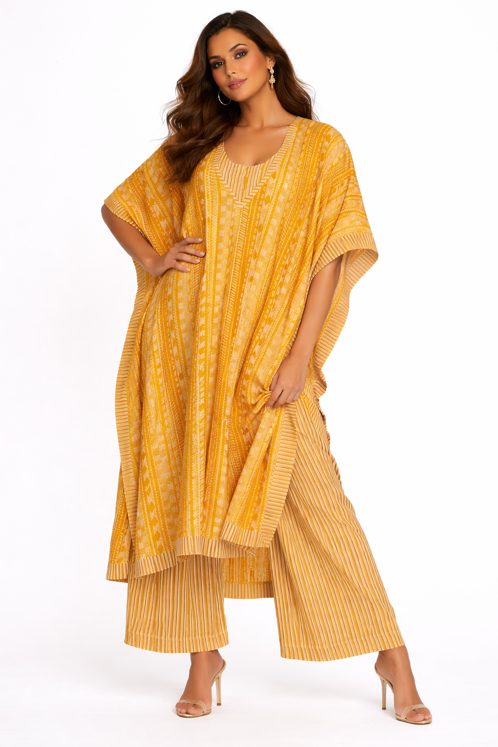 Mustard Long Kaftan Set with Crop Top & Palazzo