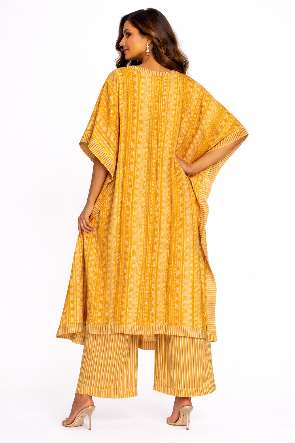 Mustard Long Kaftan Set with Crop Top & Palazzo