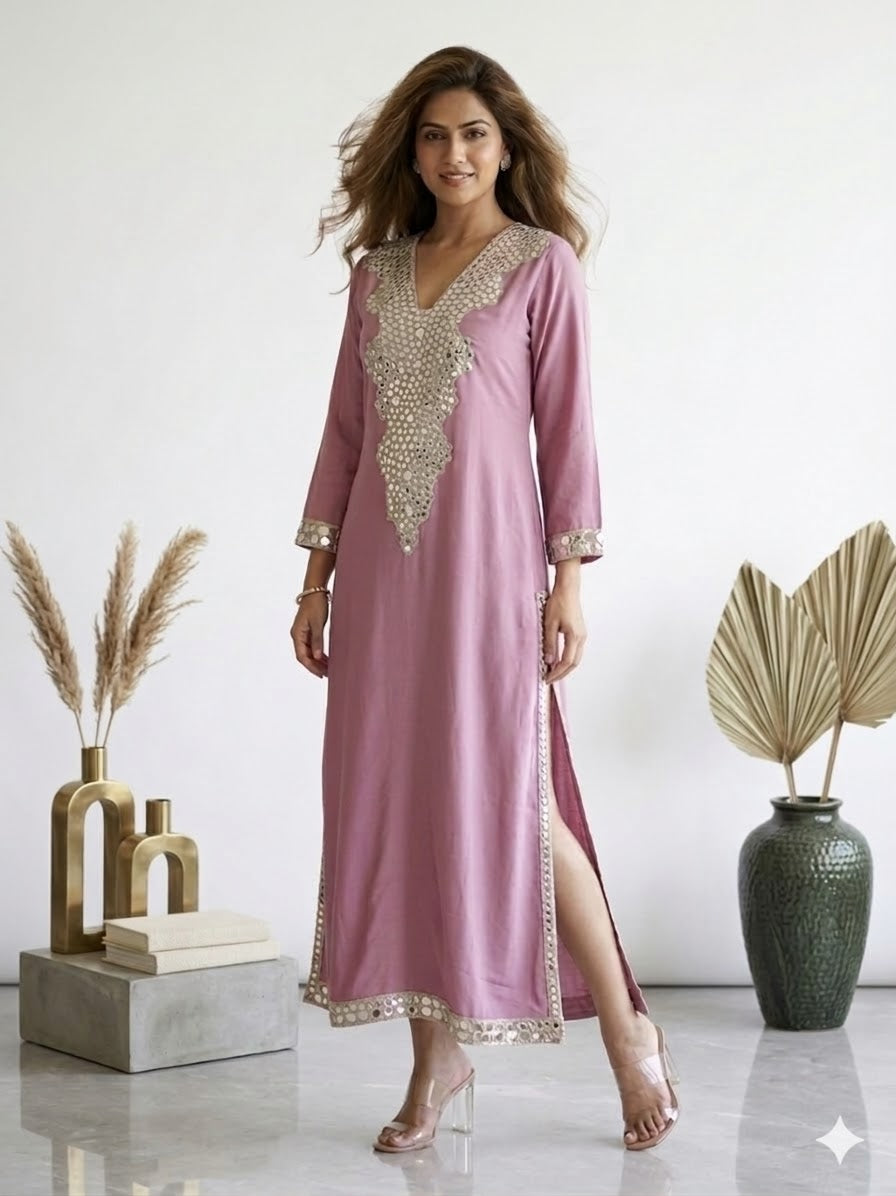 Blush Pink Embellished Long Kaftan Dress
