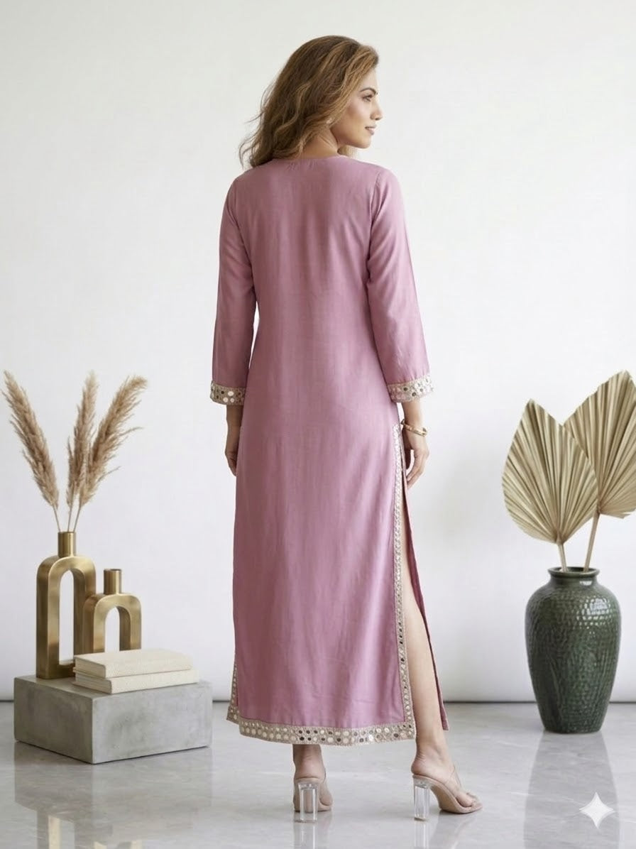 Blush Pink Embellished Long Kaftan Dress