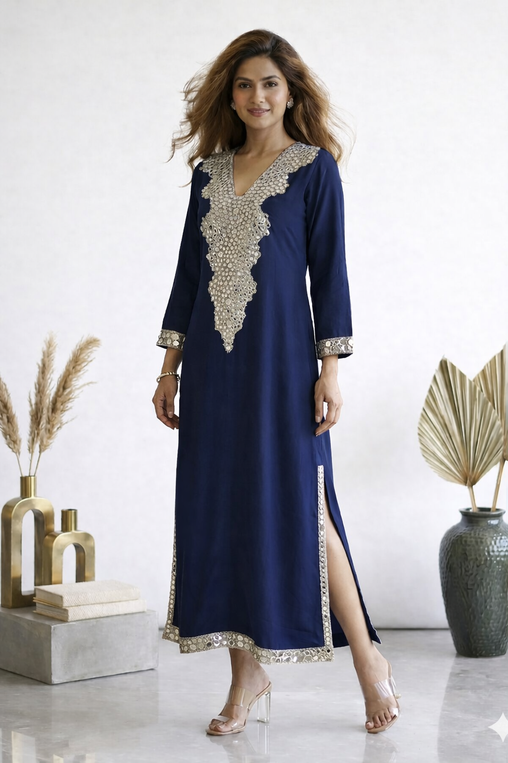 Blue Embellished Long Kaftan Dress