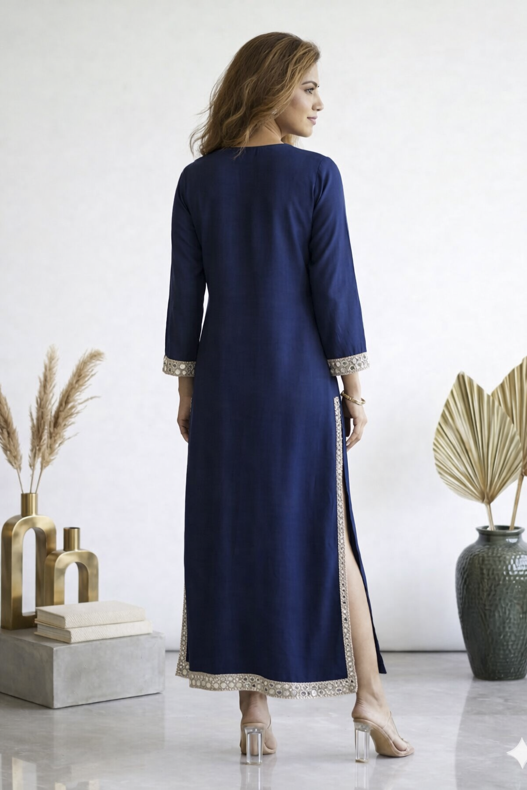 Blue Embellished Long Kaftan Dress