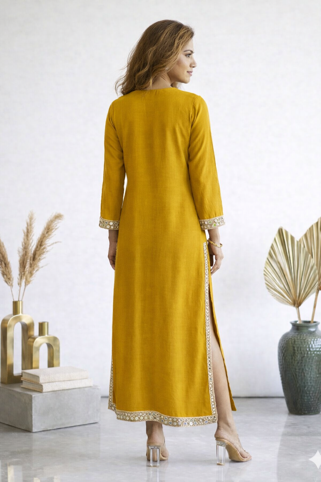 Mustard Embellished Long Kaftan Dress