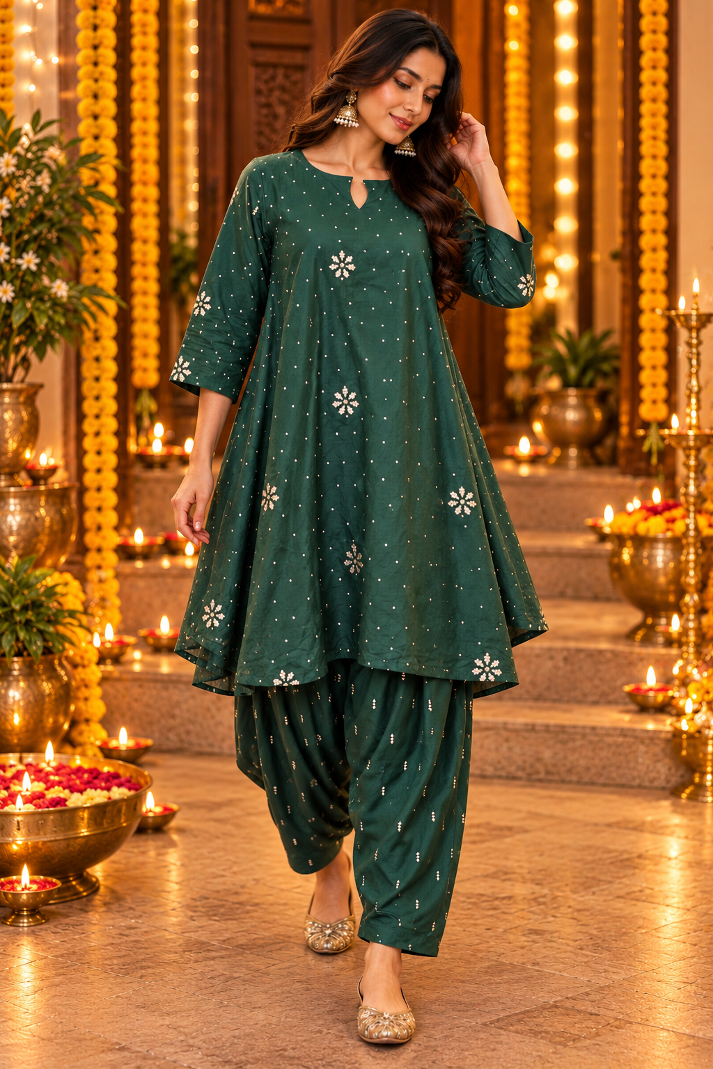 AMBIKA FOREST GREEN FLARED KURTA WITH FARSHI SALWAR