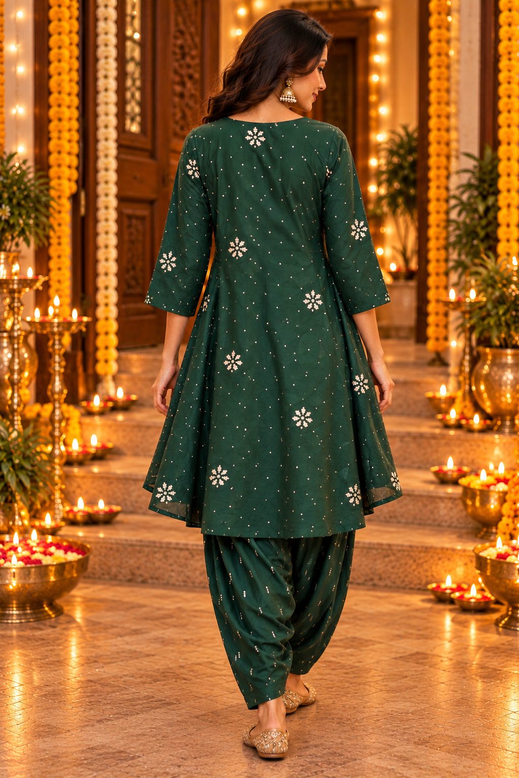 AMBIKA FOREST GREEN FLARED KURTA WITH FARSHI SALWAR