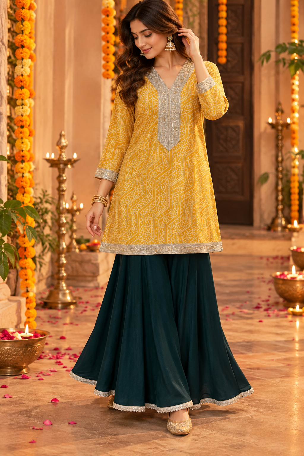 VANISA MUSTARD BANDHEJ KURTA WITH  EMERALD GREEN SHARARA SET