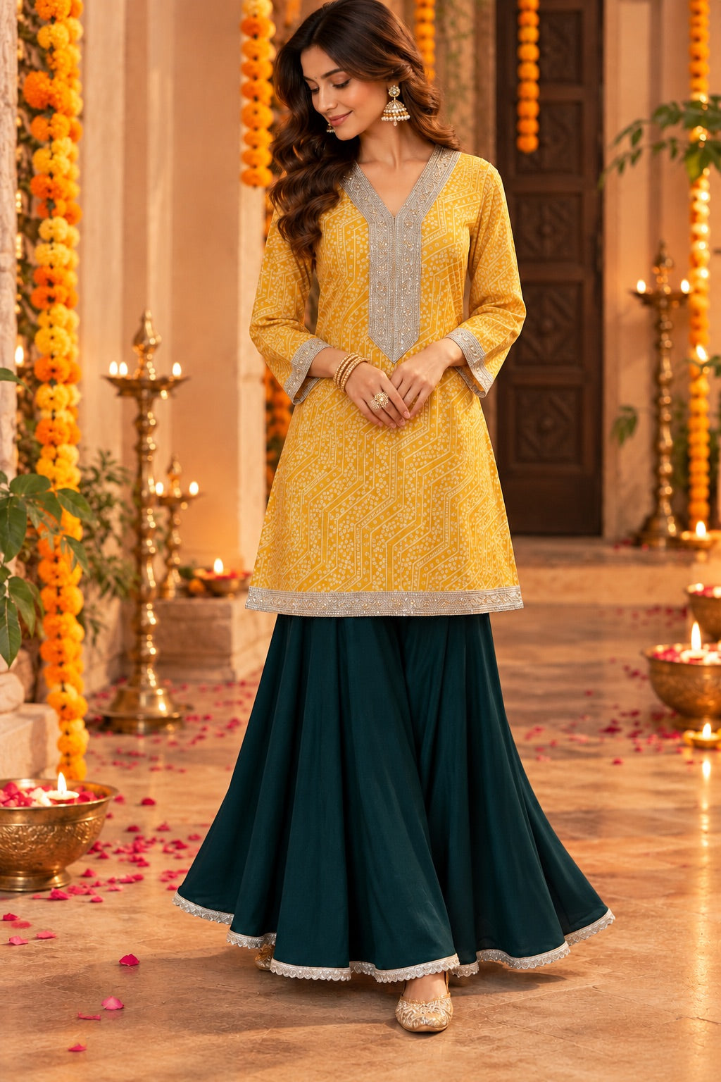 VANISA MUSTARD BANDHEJ KURTA WITH  EMERALD GREEN SHARARA SET