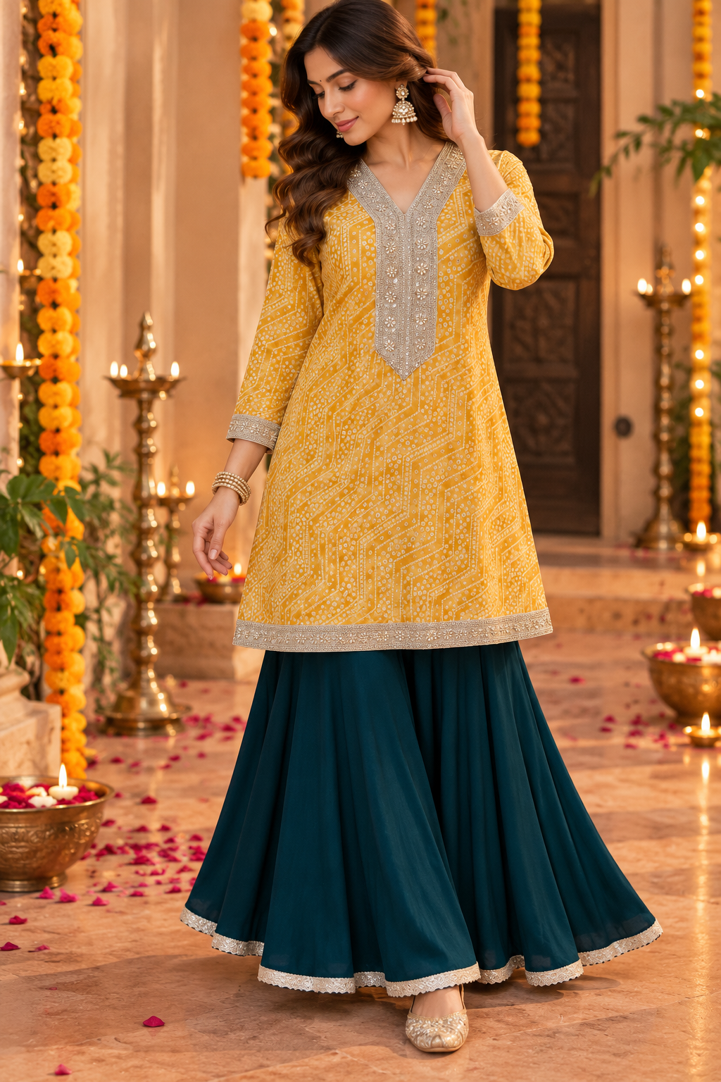 VANISA MUSTARD BANDHEJ KURTA WITH  EMERALD GREEN SHARARA SET