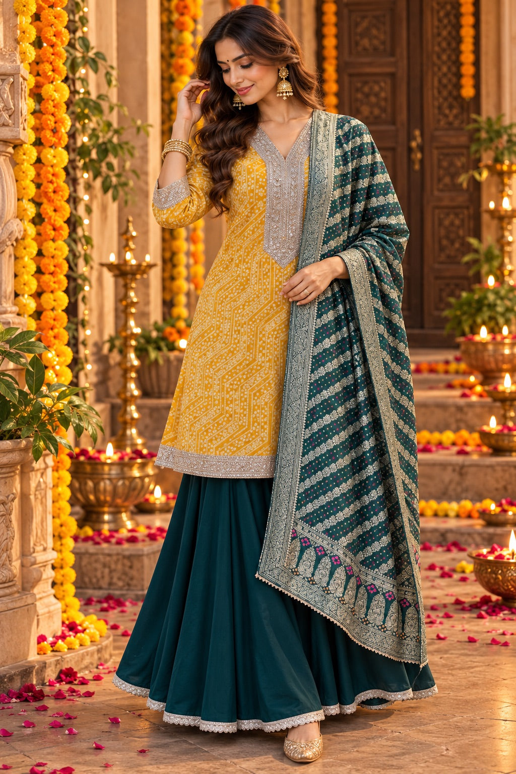 VANISA MUSTARD BANDHEJ KURTA WITH  EMERALD GREEN SHARARA SET