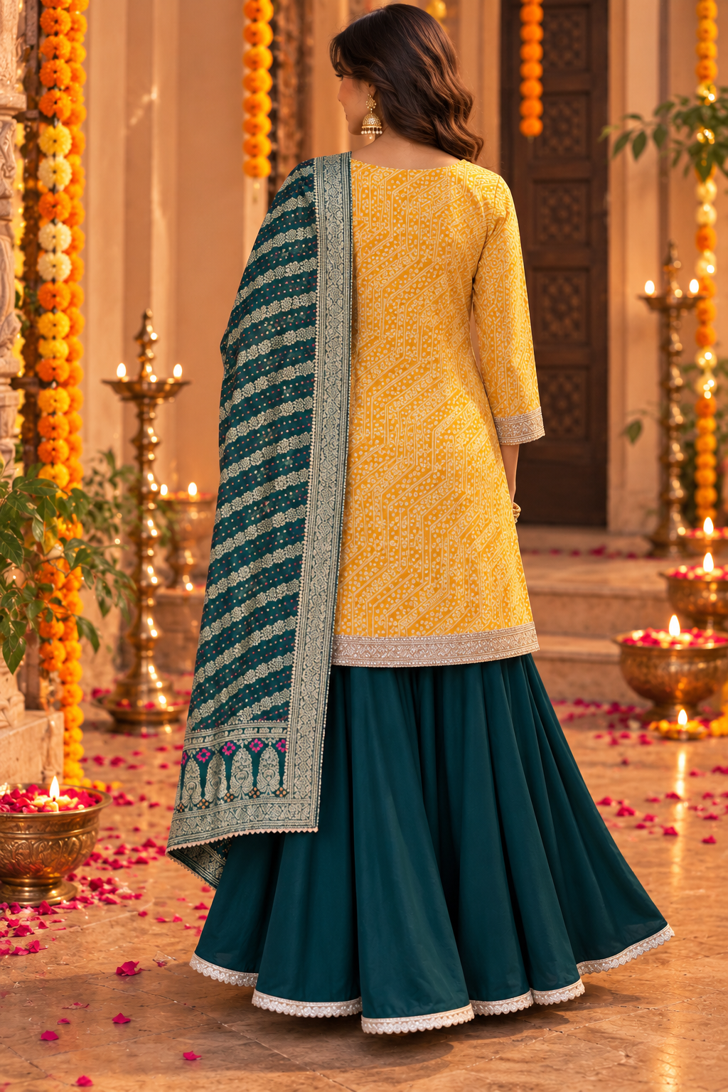 VANISA MUSTARD BANDHEJ KURTA WITH  EMERALD GREEN SHARARA SET