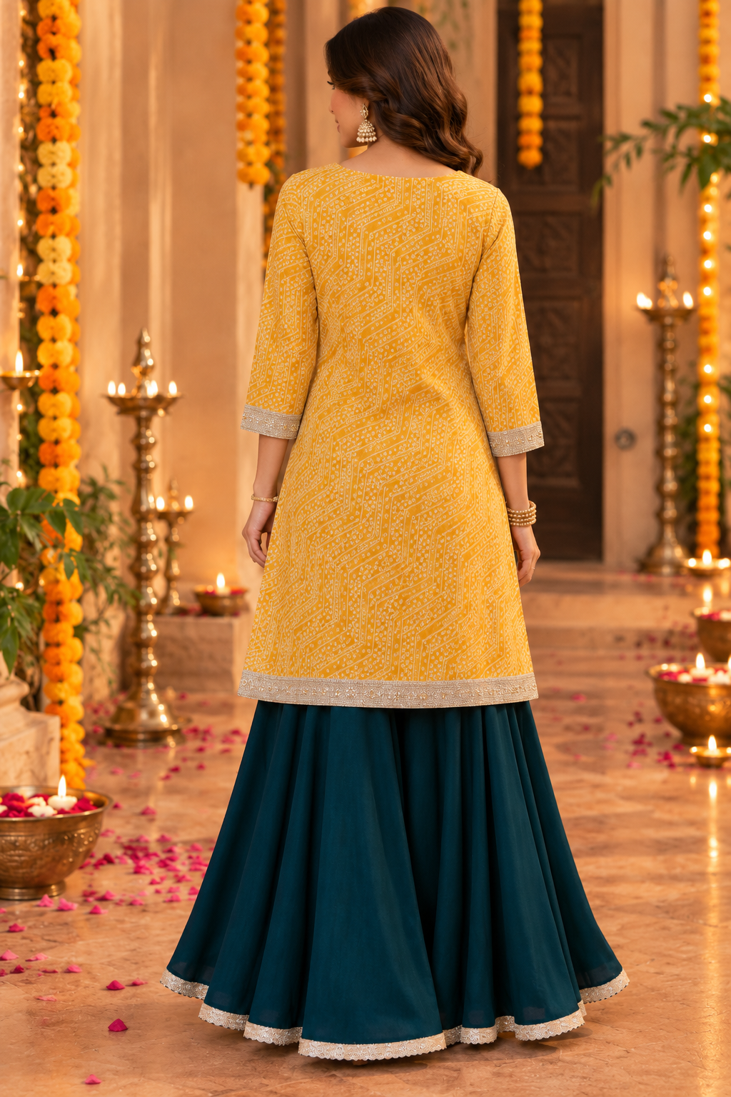 VANISA MUSTARD BANDHEJ KURTA WITH  EMERALD GREEN SHARARA SET