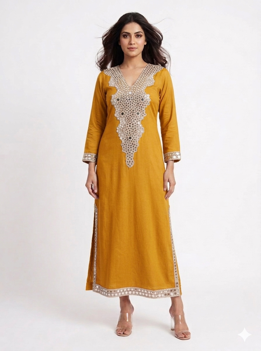 Mustard Embellished Long Kaftan Dress