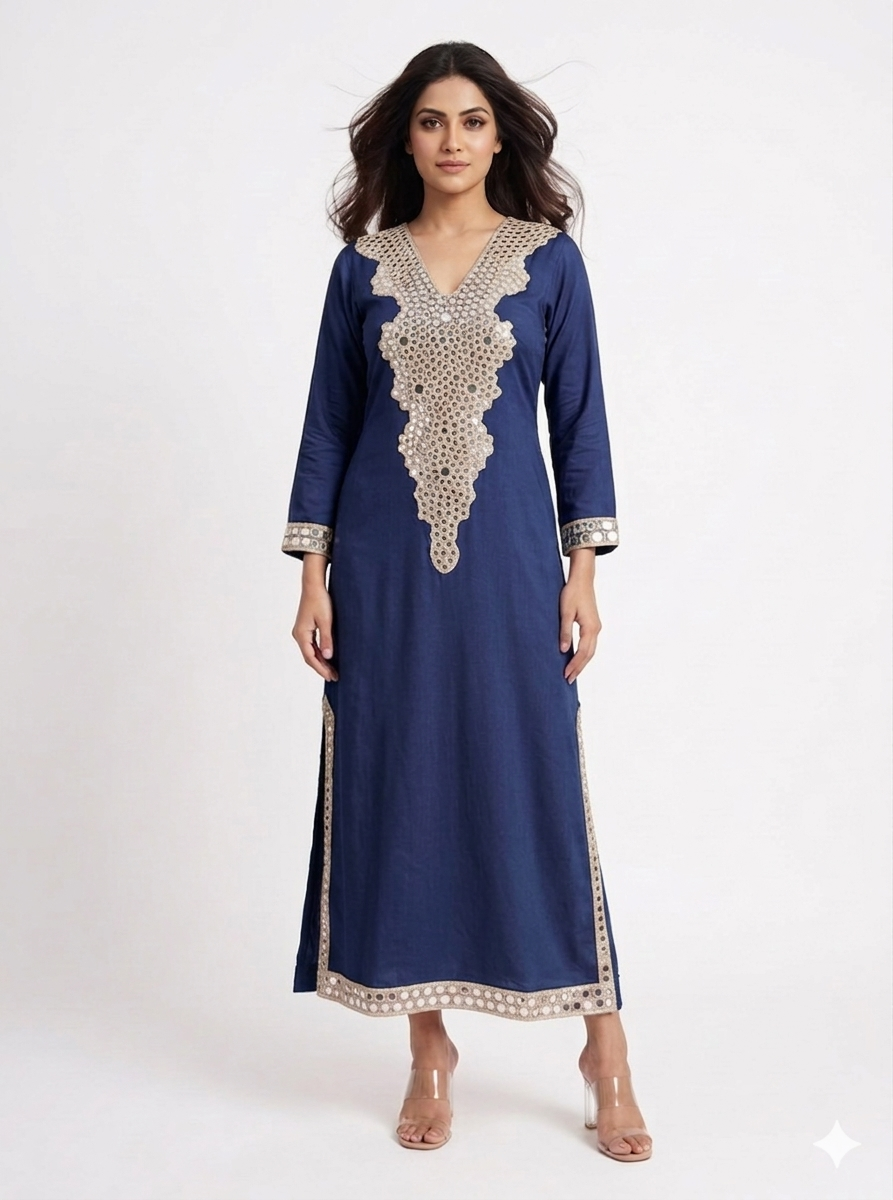 Blue Embellished Long Kaftan Dress