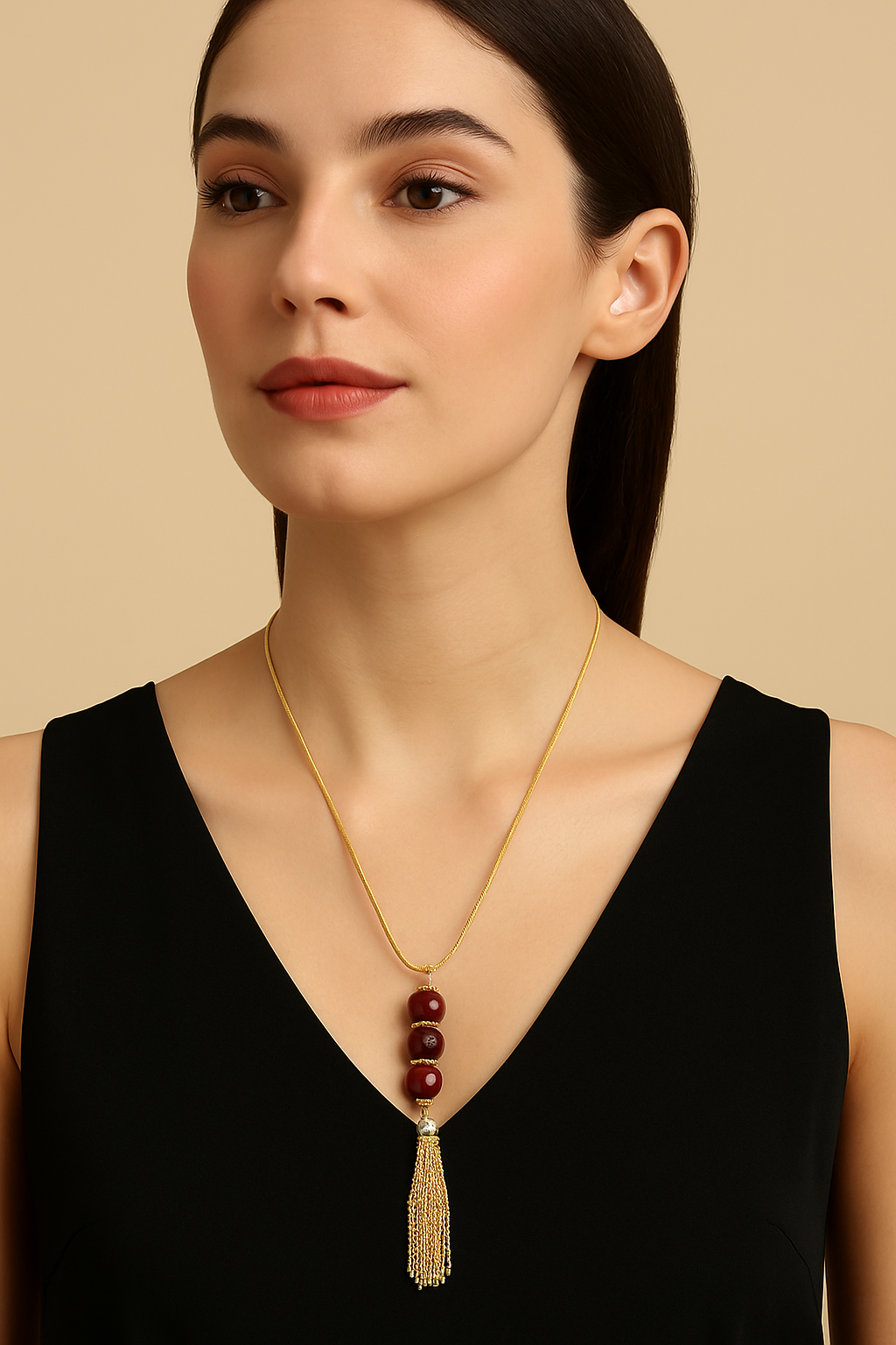 Gold-Tone Tassel Pendant Necklace with Maroon Beads