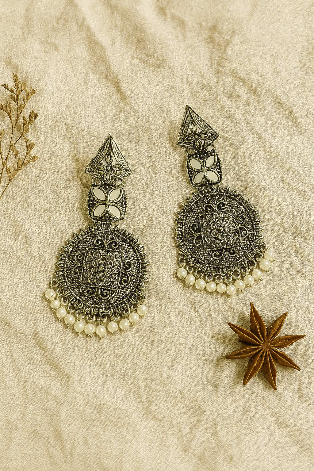Oxidised Dome Earrings with Pearl Drops
