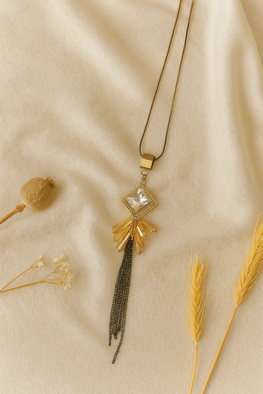 Crystal Drop Pendant Necklace with Tassel Chain