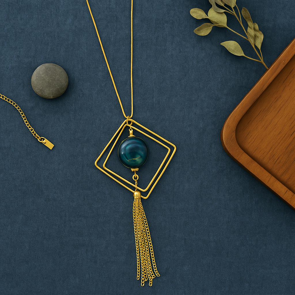 Blue Geometric Tassel Pendant Necklace