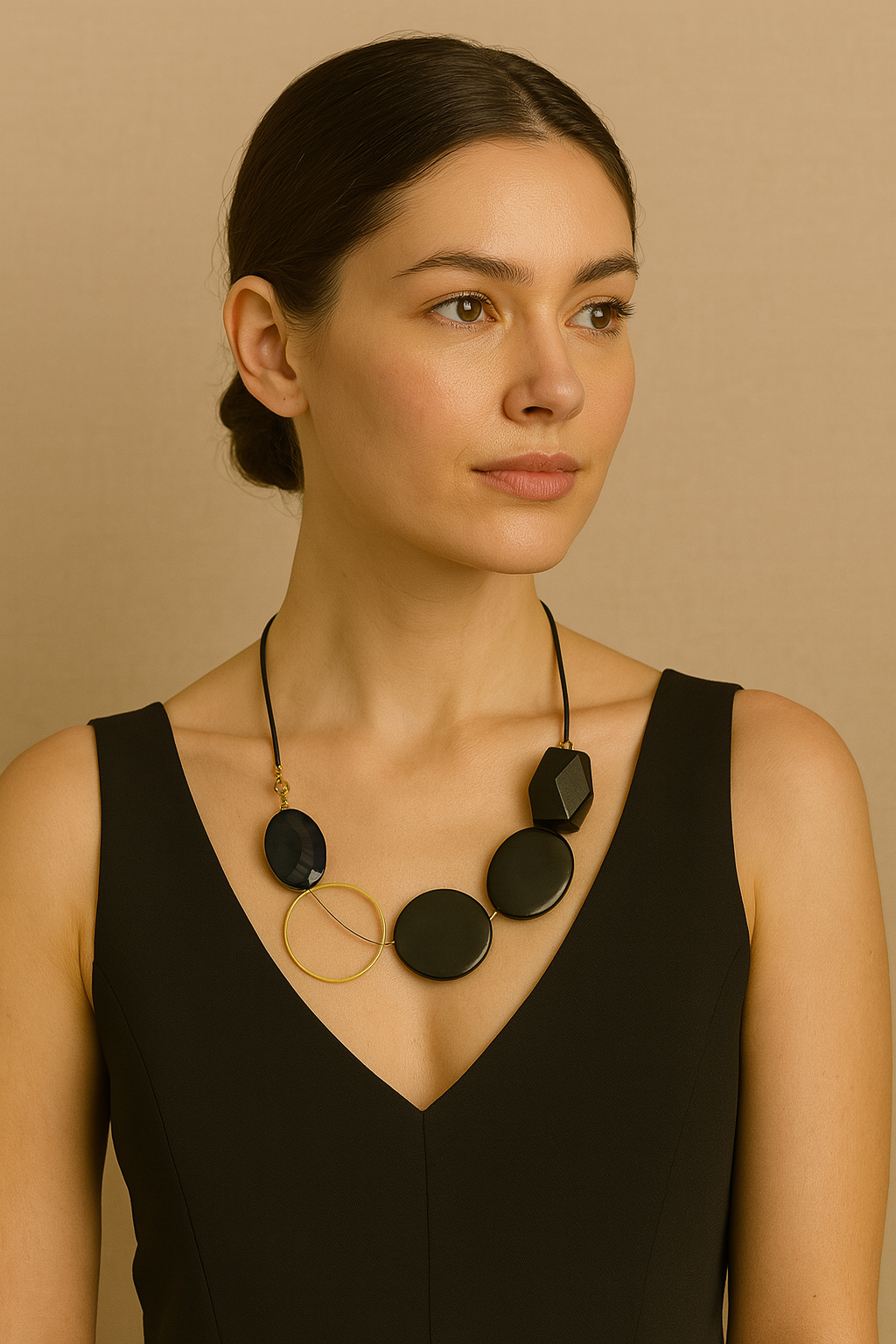Bold Black Disc Statement Necklace with Gold Accent