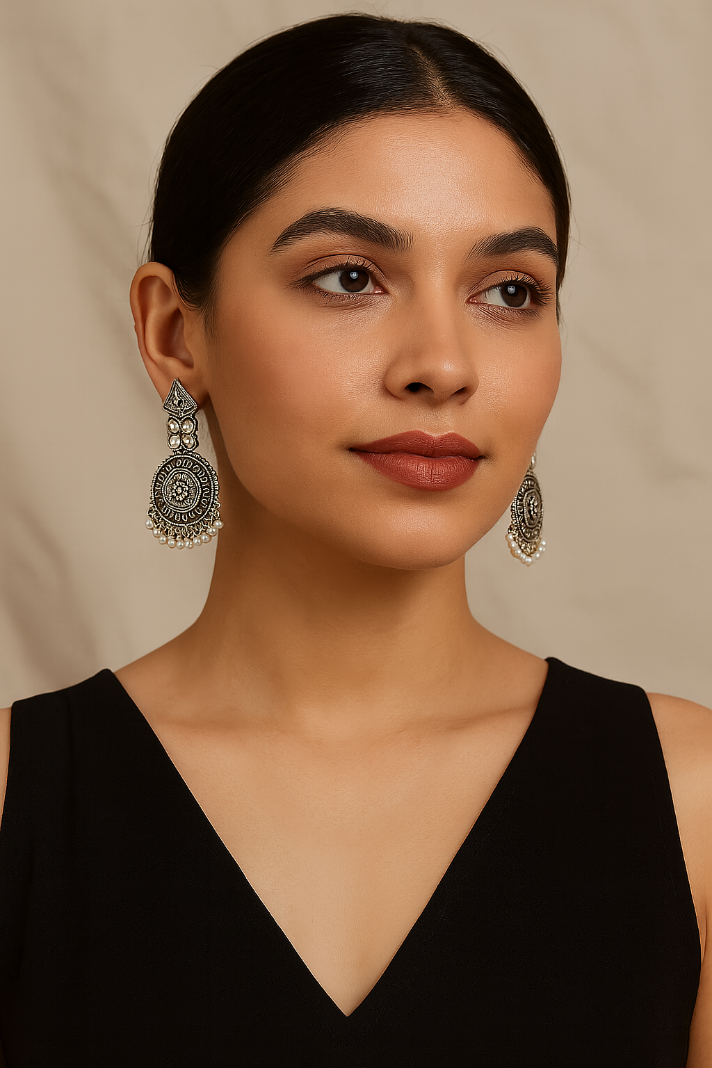 Oxidised Dome Earrings with Pearl Drops