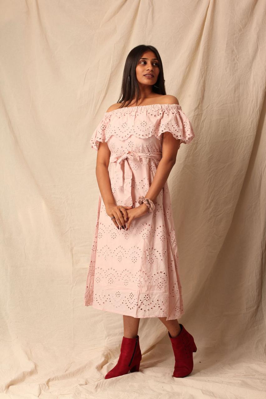 PEACH OFF SHOULDER CHIFFELY DRESS