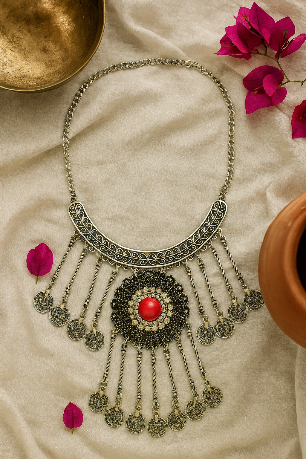 Heritage Red Stone Oxidised Statement Necklace