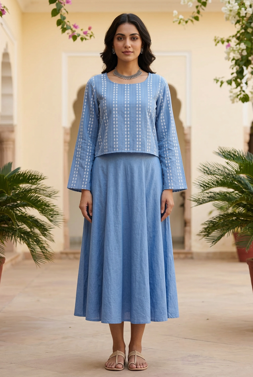 Blue cotton skirt and embroidered crop top styled on a model in a warm ivory courtyard