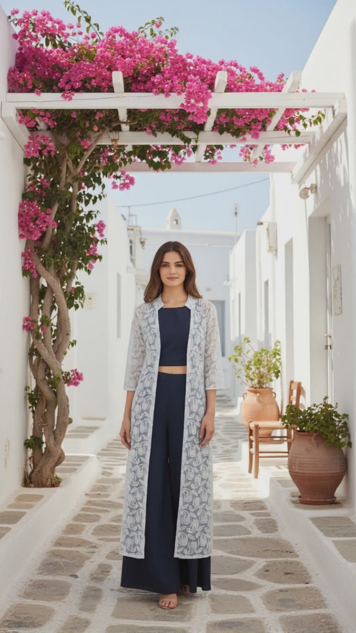 BLUE CROP TOP WITH PALLAZO AND CHICKENKARI JACKET