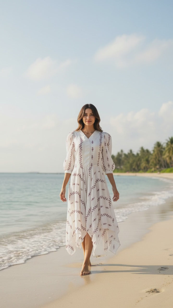 IVORY EMBROIDERED ASYMMETRIC DRESS WITH MAROON JACKET