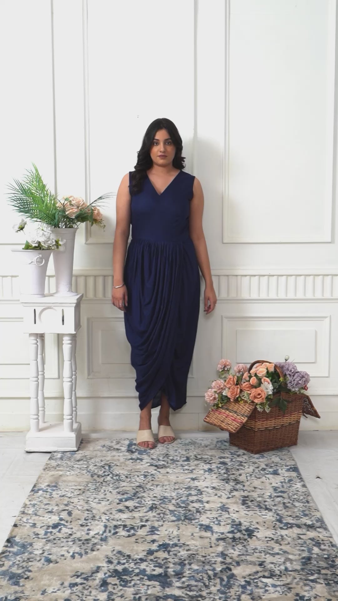 NAVY BLUE DRAPED DRESS WITH CHICKENKARI JACKET