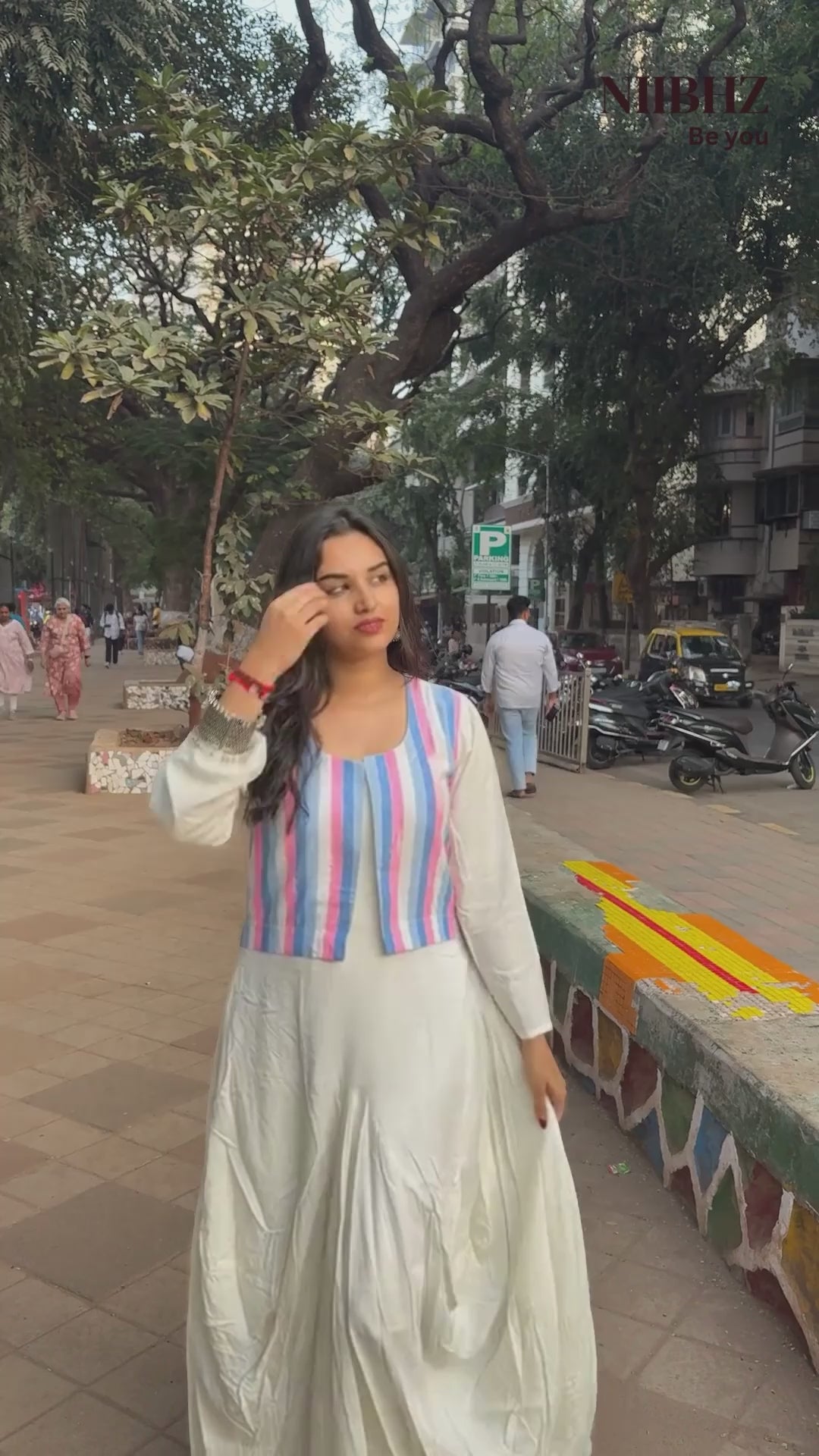 Ivory Cowl Dress with handloom Striped Sleeveless Jacket