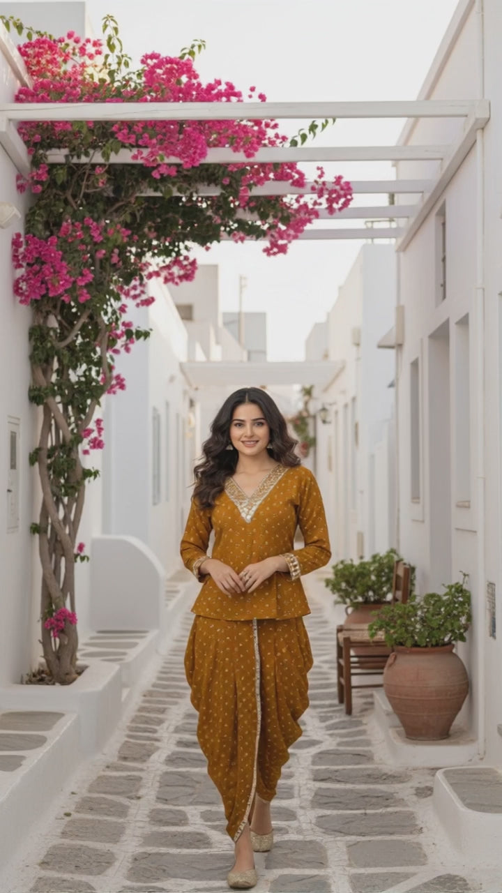MUSTARD MIRROR-WORK DHOTI SET WITH PRINTED V-NECK TOP