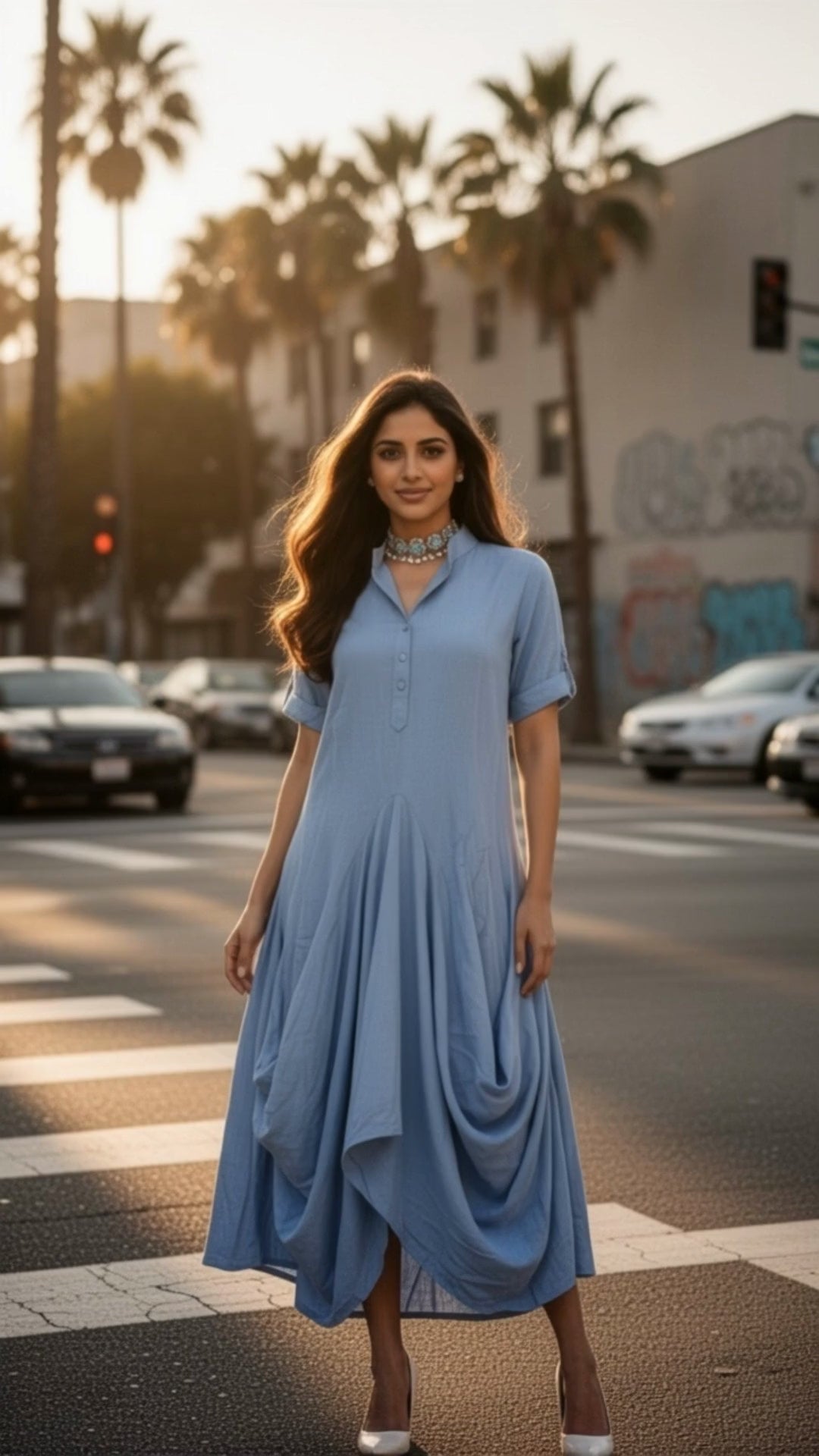 BLUE COWL FLOW MIDI DRESS