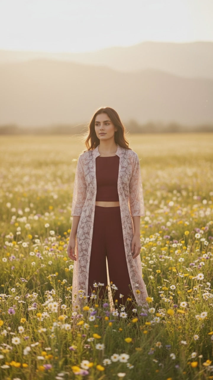 WINE CROP TOP AND PALLAZO WITH PINK CHICKENKARI JACKET