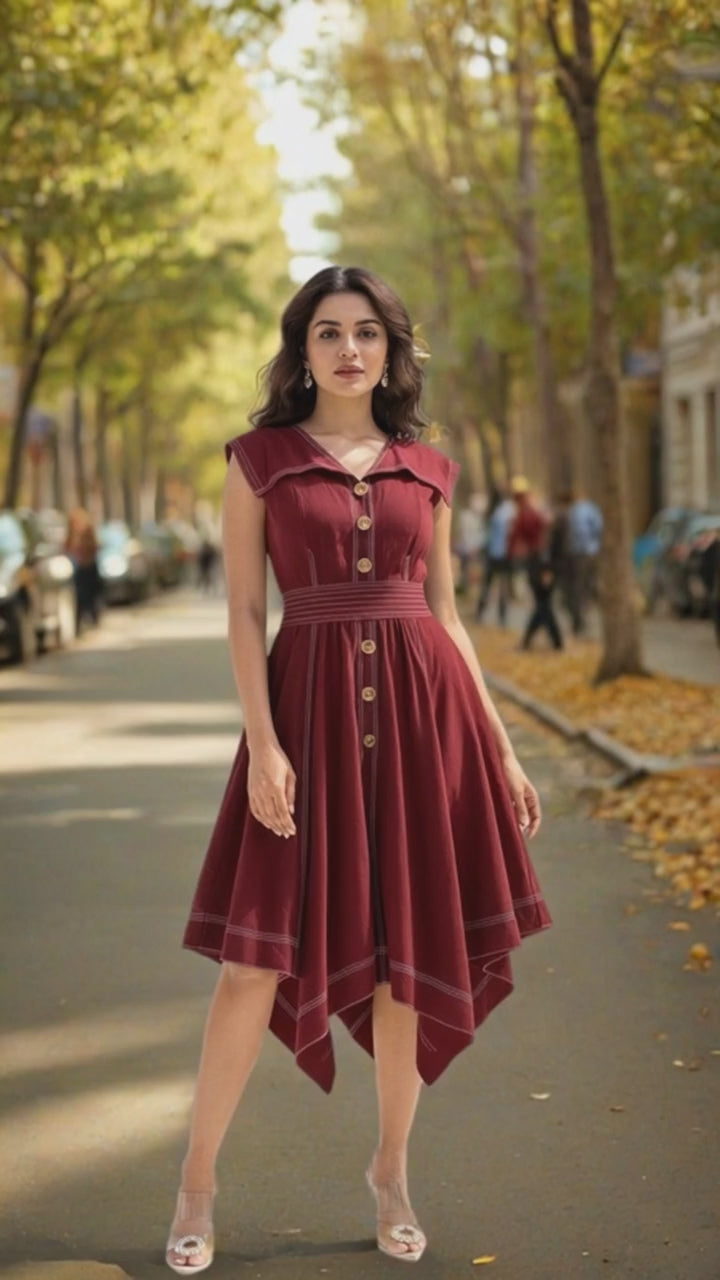 MAROON SLUB ZIG ZAG DRESS