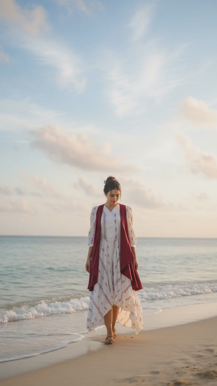IVORY EMBROIDERED ASYMMETRIC DRESS WITH MAROON JACKET