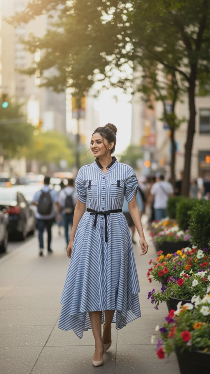 BLUE AND WHITE STRIPE LINEN HANDKERCHIEF DRESS
