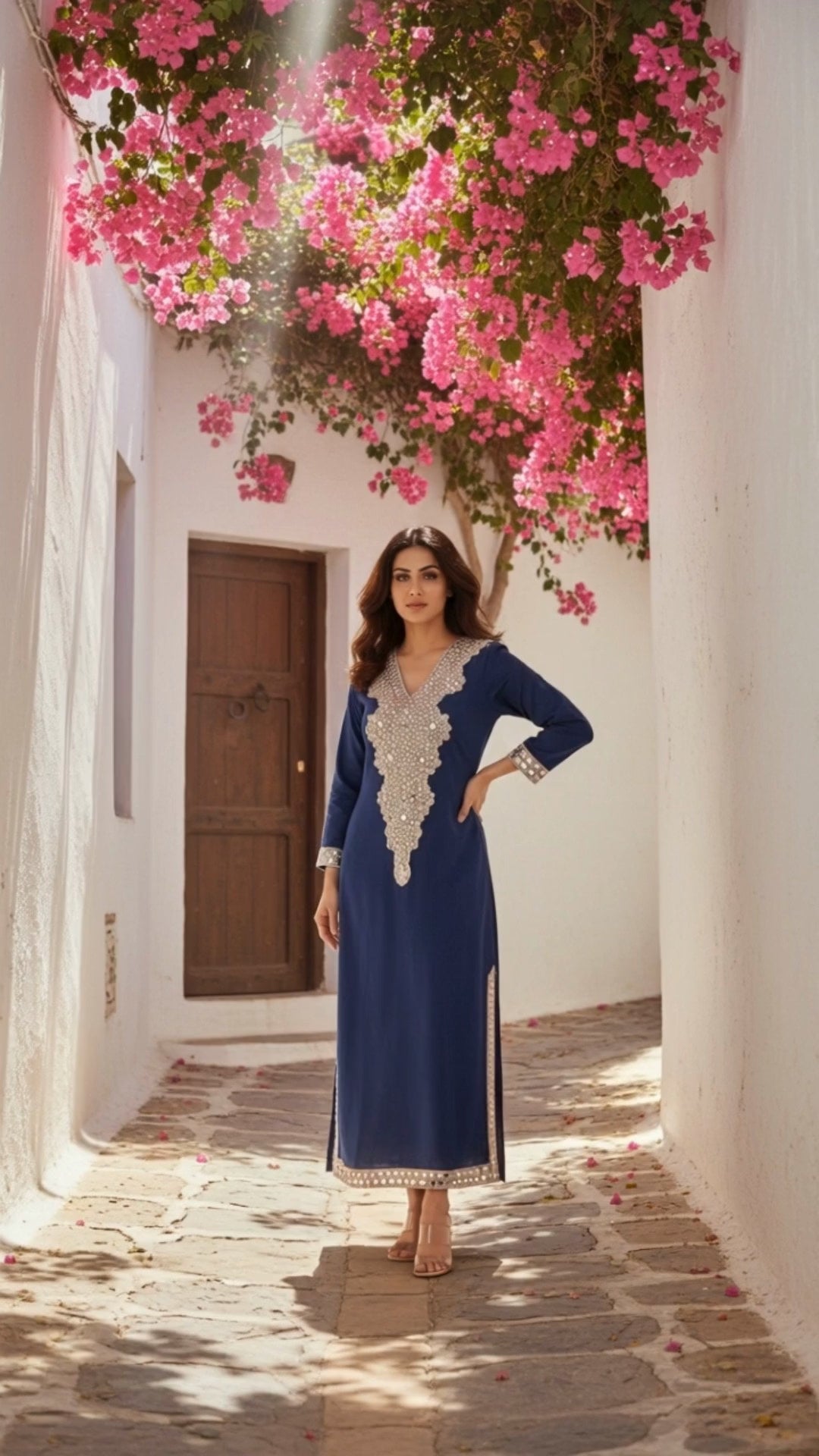 Blue Embellished Long Kaftan Dress